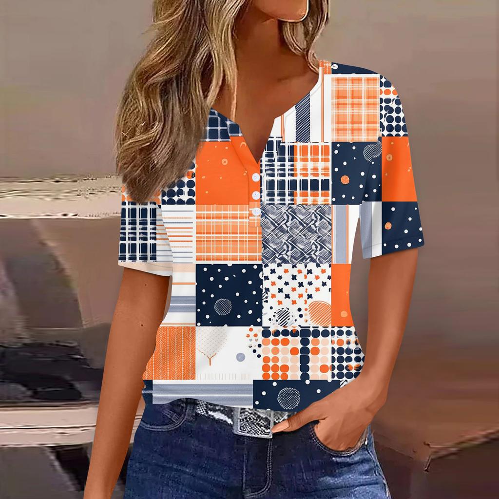 Жен. Футболка С принтом Пуговицы С короткими рукавами Повседневные Выходные Мода Классический Классический V-образный вырез Обычный Топ