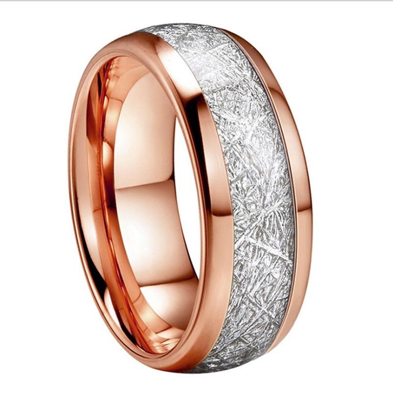 8mm Width Meteorite Stone Pattern Inlaid Silver Color Tungsten Steel Ring Couple Wedding Band Engagement Jewelry MIT