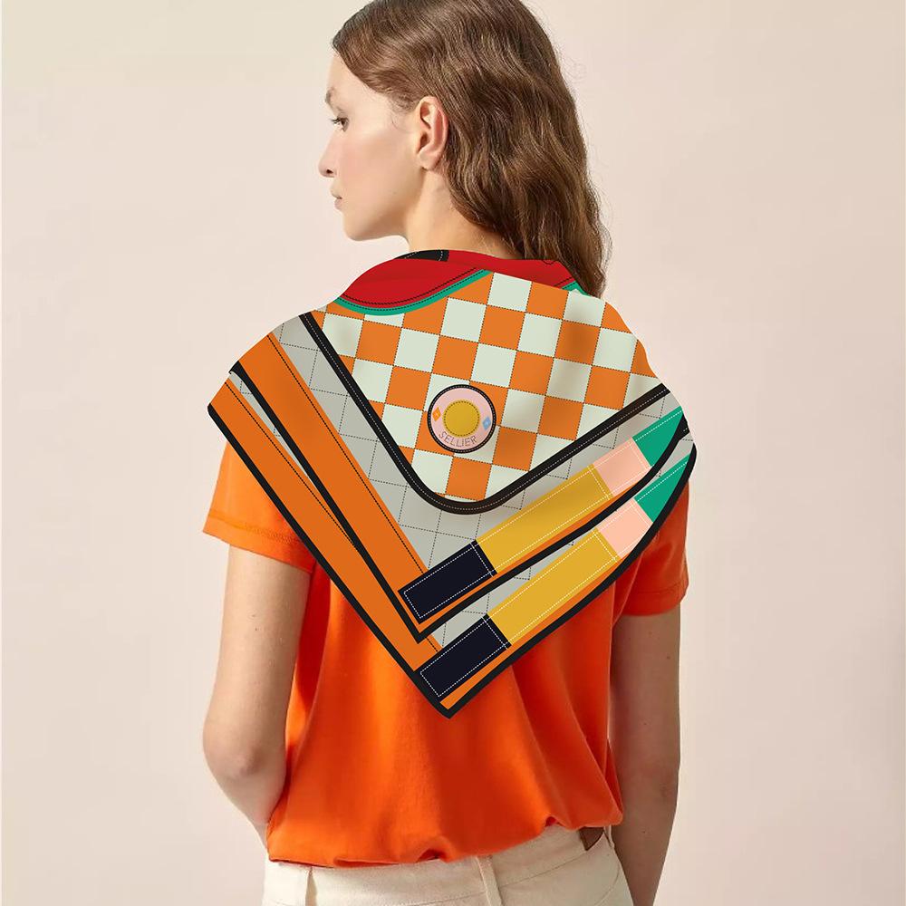 90CM Fashion Twill Silk Scarf For Women Checkered Saddle Print Wraps Headband Shawl Stoles Hijab Lady Square Foulard Bandana