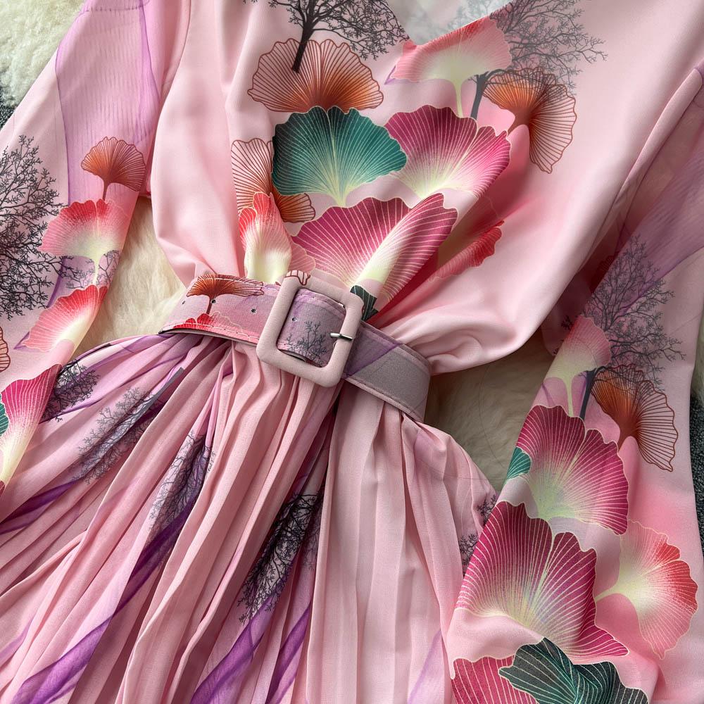French Chic Dress for Women V-neck Plant Printed Lantern Sleeve Pleated Long Dresses Autumn Dress Female A-line