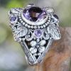 New Luxury Amethyst Ring European and American Retro Imitation Thai Silver Tree Leaf Flower Ring