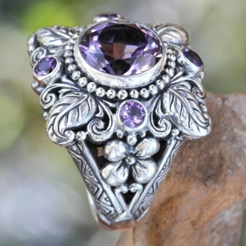 New Luxury Amethyst Ring European and American Retro Imitation Thai Silver Tree Leaf Flower Ring