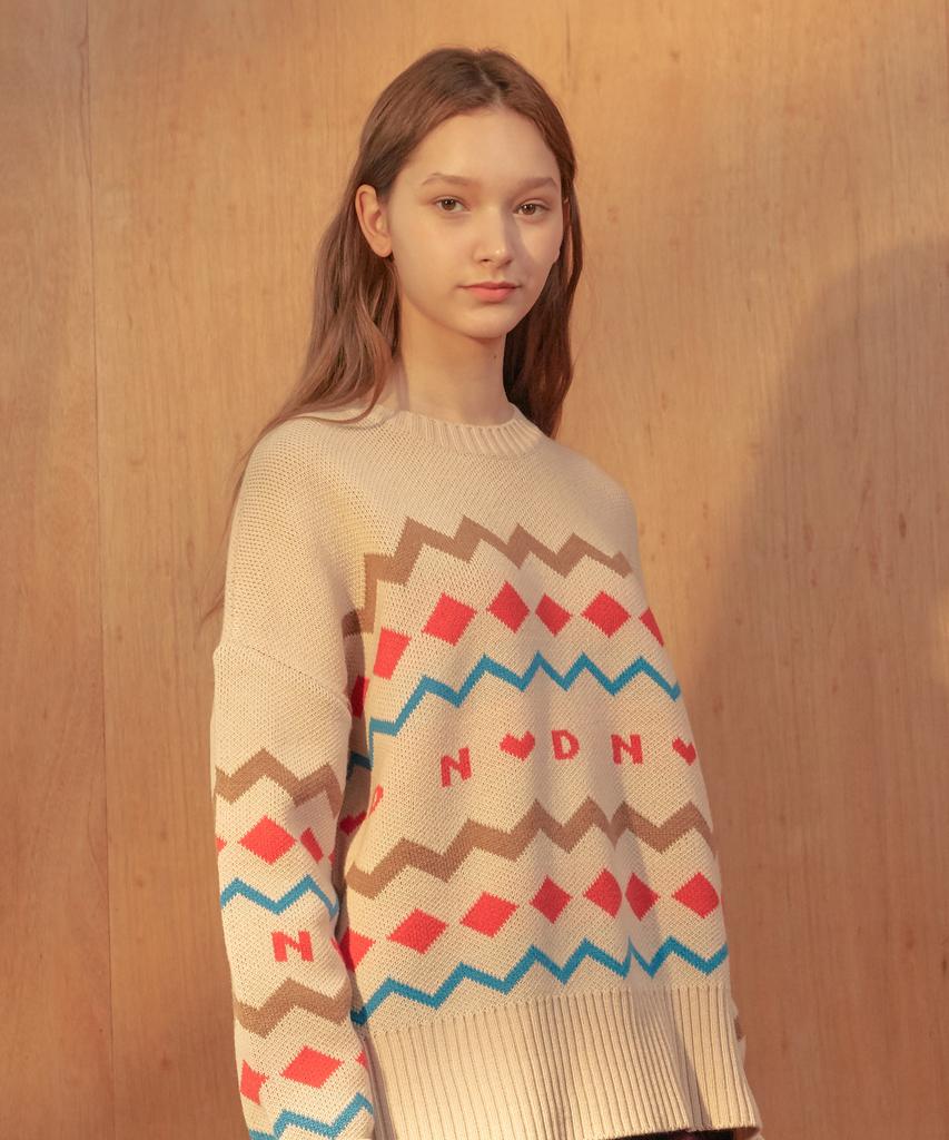 NEAR&DEAR N&D Zigzag Knit Top [Beige]