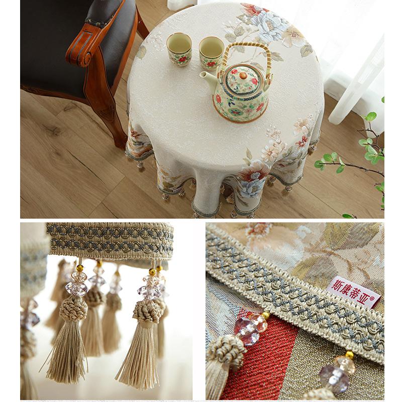 Элегантный маленький большой круглый обеденный стол с цветочным принтом и кисточками, бежевая кофейная скатерть для вечеринки, декоративная жаккардовая скатерть для круглого стола