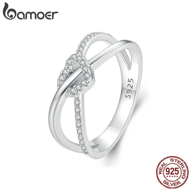 BAMOER, стерлинговое серебро 925 пробы, витое кольцо с геометрическим рисунком, двухслойное кольцо с узлом в форме сердца, обручальное кольцо, ювелирные изделия, подарок для женщин