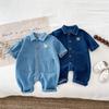Baby Romper: Soft Denim, Turn-Down Collar, Snap Closure, Stylish Jumpsuit for 0-2 Years, Perfect for Spring & Autumn.