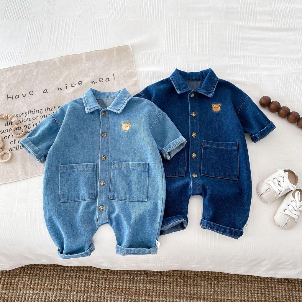 Baby Romper: Soft Denim, Turn-Down Collar, Snap Closure, Stylish Jumpsuit for 0-2 Years, Perfect for Spring & Autumn.
