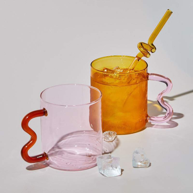Colored Glass Cup with Wave Handle Coffee Breakfast Cup Large Capacity Milk Cup Microwaveable Cross-border
