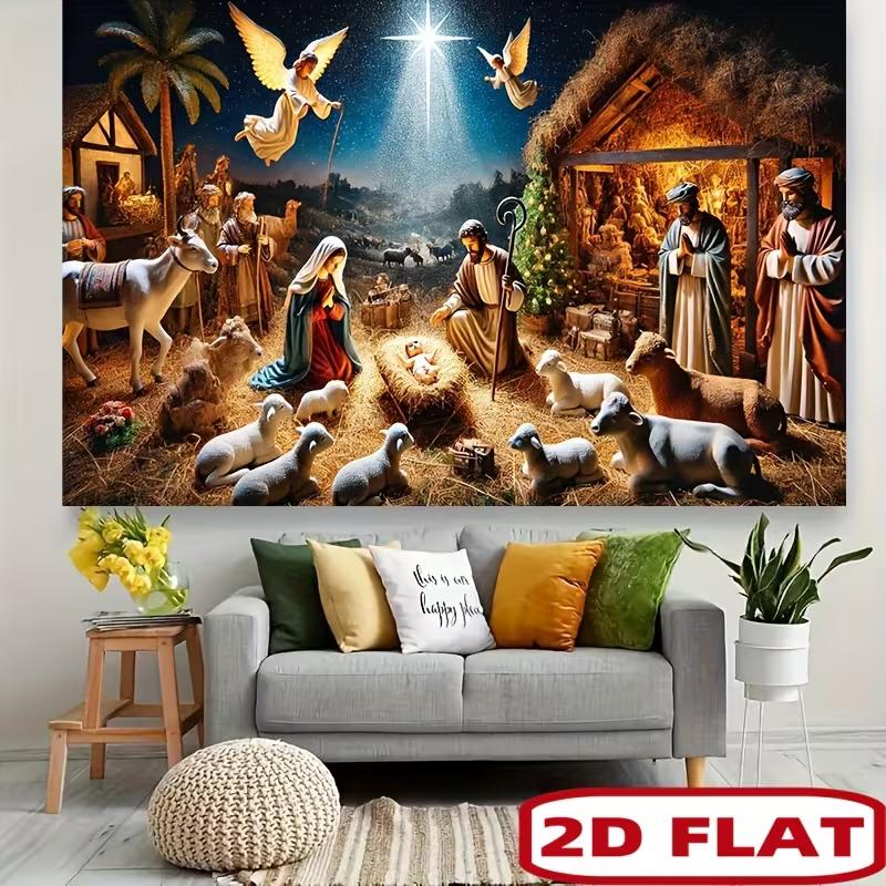 2D Flat Nativity Scene Christmas Backdrop Holy Family Angel Photo Background
