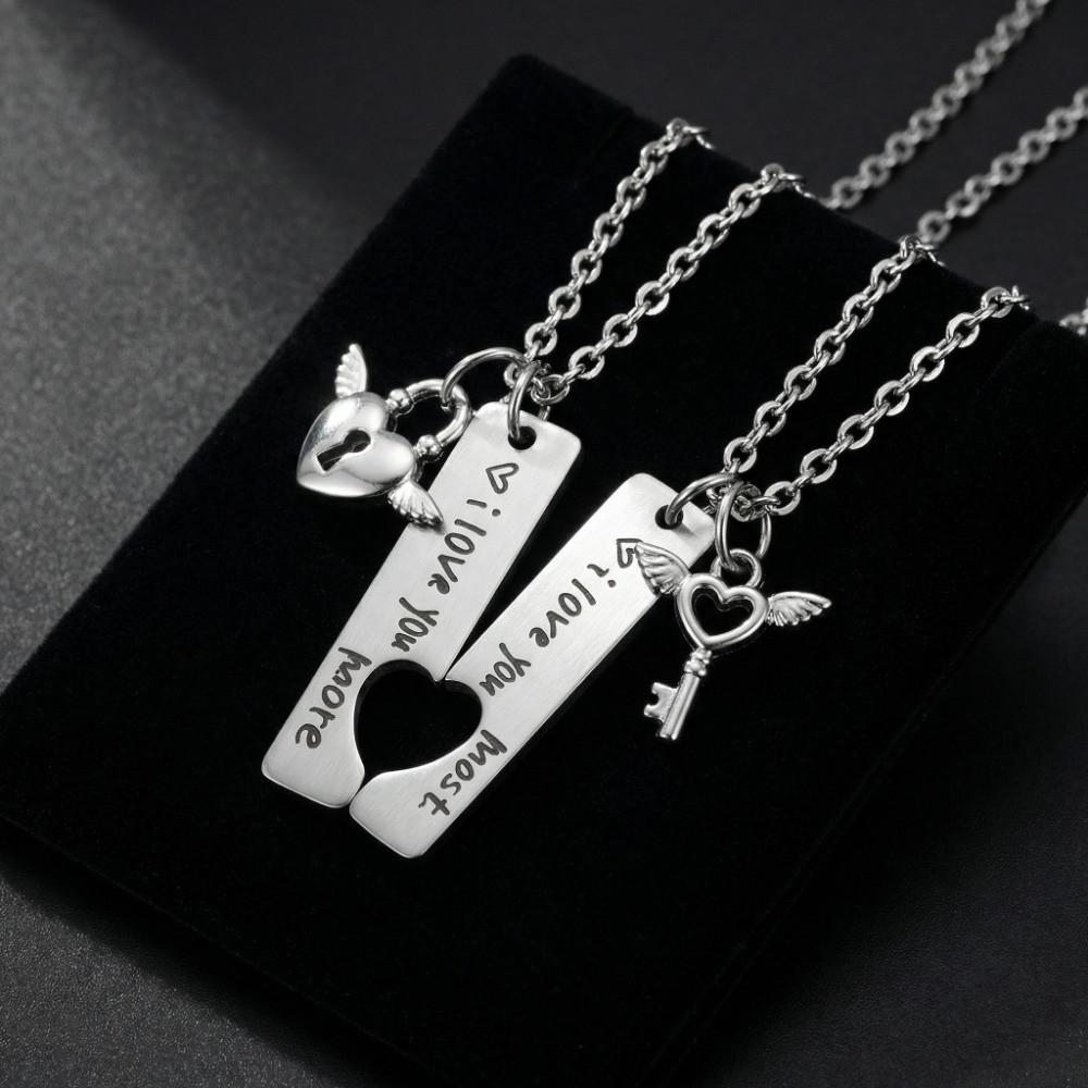 2pcs Stainless Steel Couple Necklaces Matching Puzzle Heart Lock Key Pendant  Valentine Day Gift