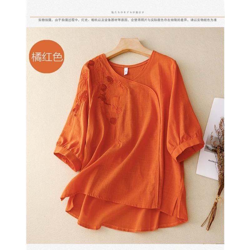 Новый летний стиль 700-й рукав три четверти Вышитая рубашка для женского литературного ретро свободного кроя Вышитый хлопок и лен Топ