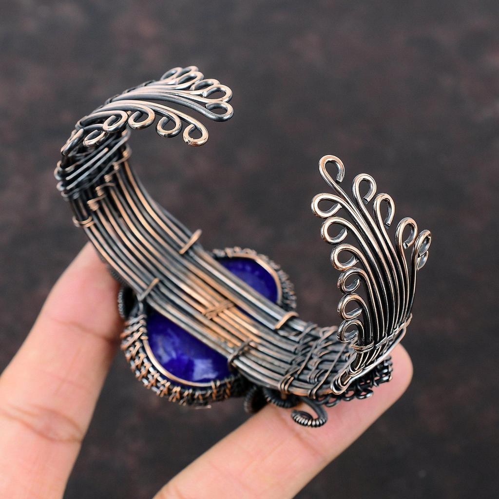 Браслет-манжета с граненым синим сапфиром, регулируемый браслет с медной проволокой, ювелирные изделия ручной работы, браслет с драгоценными камнями, ювелирные изделия из медной проволоки, подарок для нее