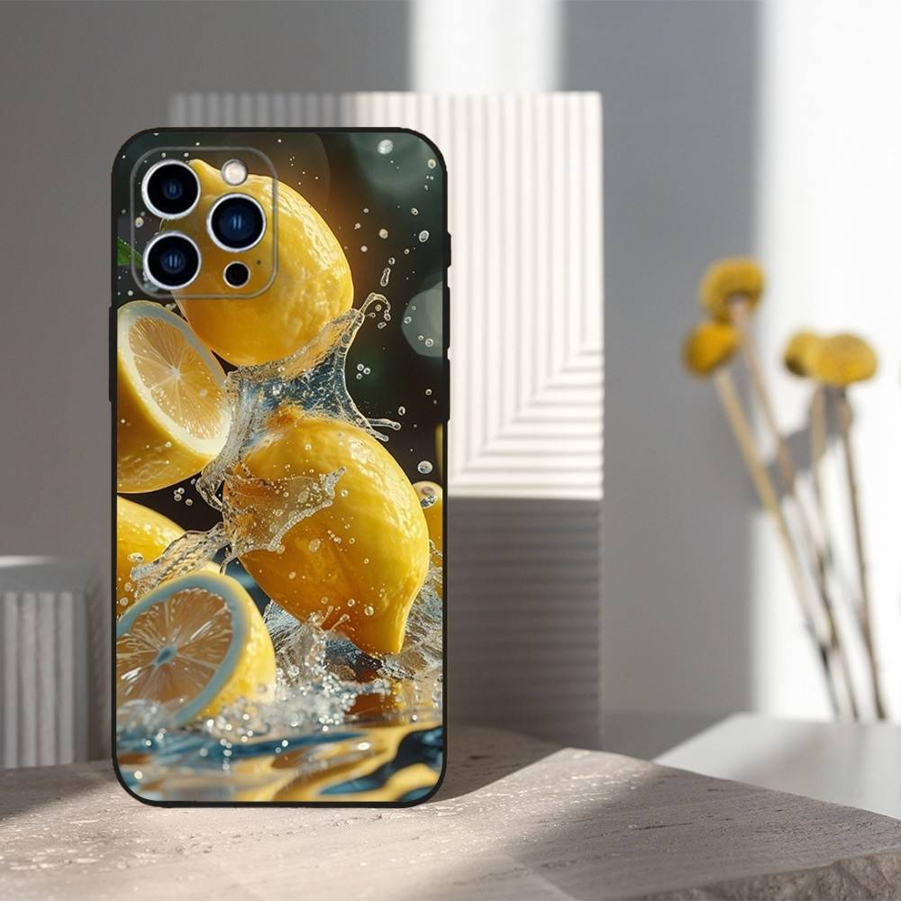 Fruit Art lemon Phone Case For iPhone 15,14,13,17,16,12,11,Plus,Pro Max,XS,X,Mini,8,7,XR,SE,Soft Silicone Black
