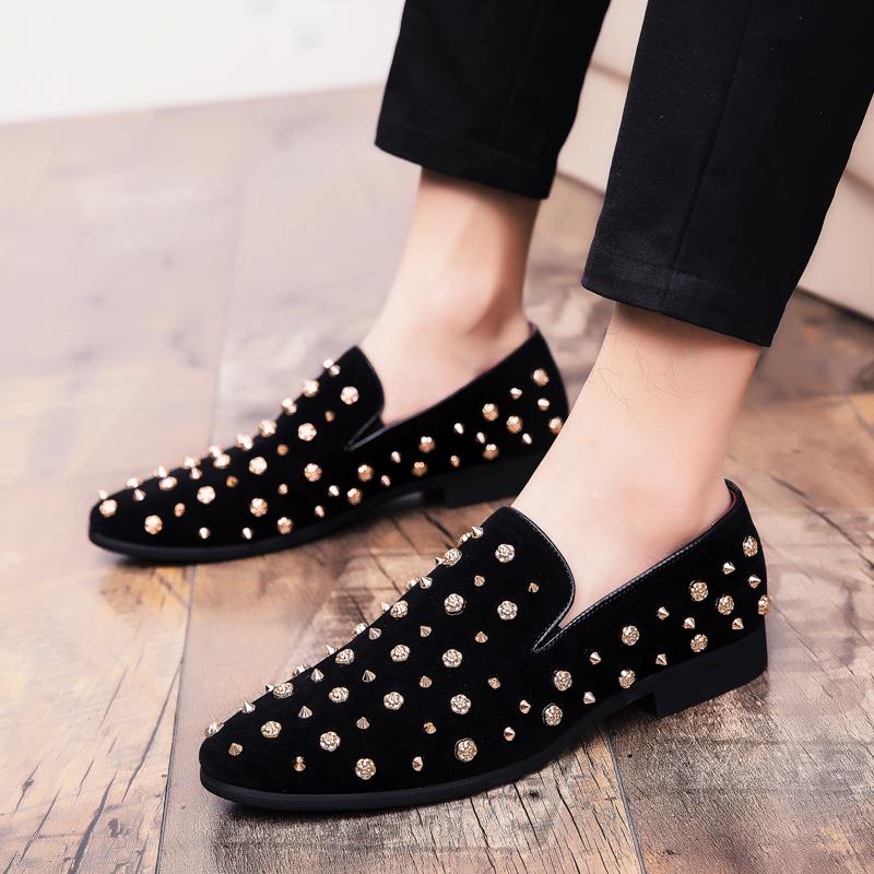 2024 Новые Брендовые Черные Шипы Мужские Лоферы Роскошные Туфли Джинсовые И Металлические Блестки Высокого Качества Повседневная Мужская Обувь Свадебные Туфли На Плоской Подошве
