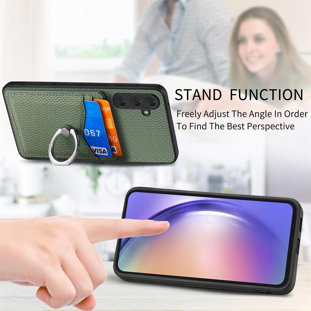 For Samsung Galaxy A34 5G Case with Card Holder Ring Kickstand PU Leather Coated PC+TPU Back Cover