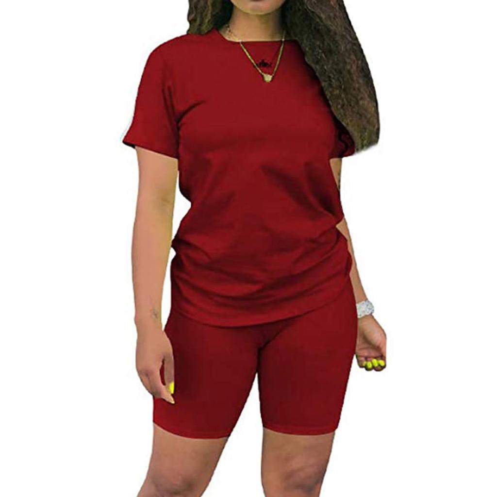 Женский повседневный спортивный однотонный костюм из 2 предметов, комплект из топа и брюк с короткими рукавами