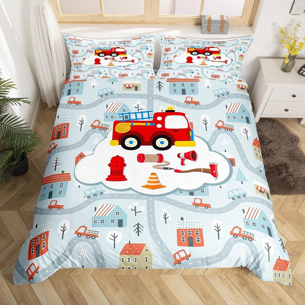 Fire Truck Duvet Cover Twin Queen Size,Kids Cute Car Road Traffic Print Comforter Cover Cartoon City Map Firefighter Bedding Set