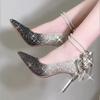 Fashion Shiny Bowknot Thin Heels Pumps Women Slip-On Bling Crystal Party Shoes Woman Sexy Pointed Toe Glitter High Heels Shoes