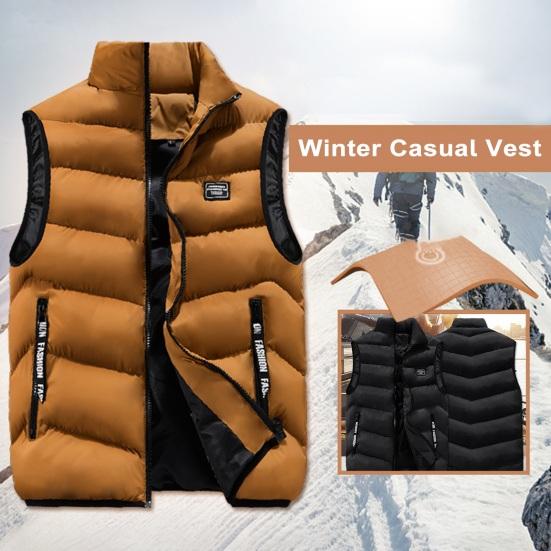 Мужской зимний жилет с воротником-стойкой, утолщенный, мягкий, ветрозащитный, теплая защита шеи, сплошной цвет, без рукавов, на молнии, на ремешке, декор, карманы