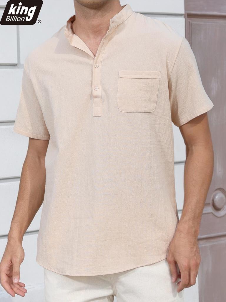 Летняя новая мужская легкая хлопково-льняная футболка с коротким рукавом и вырезом хенли - Дышащие повседневные однотонные топы, футболки базового стиля