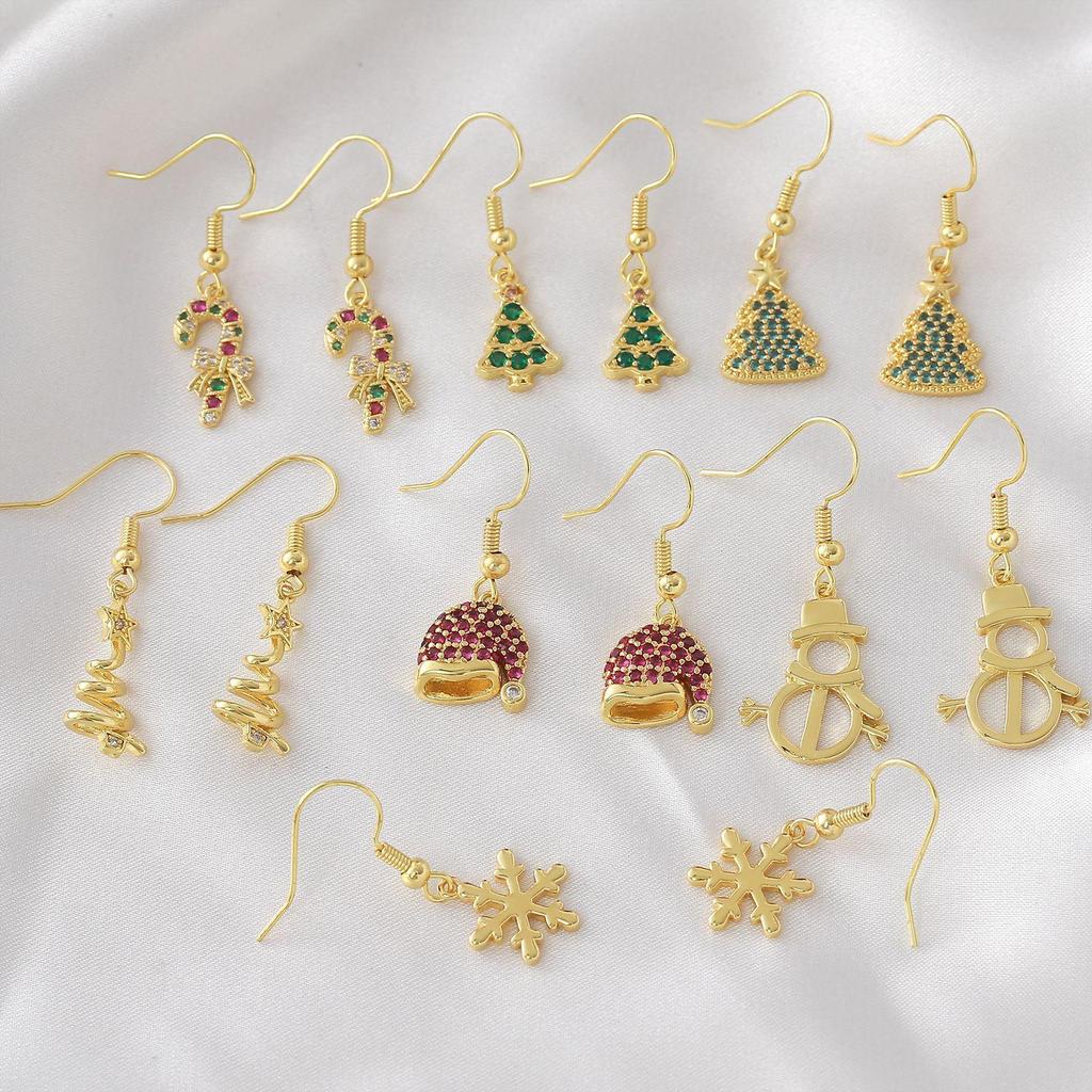 18K Gold-Plated Christmas Earrings: Snowman, Snowflake, Tree & Hat Studs