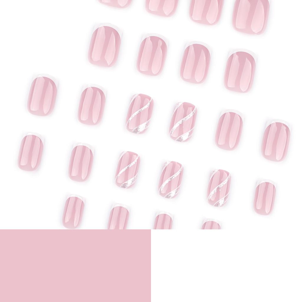 24pcs Simple White Fake Nail Short Square Nail Art Wavy Flash Pink Striped Wearable Nails