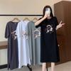 Women's Short-sleeved T-shirt Summer Dress Loose Mid-length Slouchy Pajama Dress with Slit