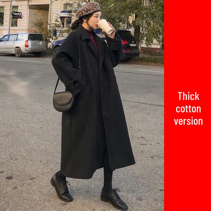 Женское черное шерстяное пальто средней длины выше колена, в стиле Хепберн, корейское, свободного кроя, в стиле мори, готовое к зиме.