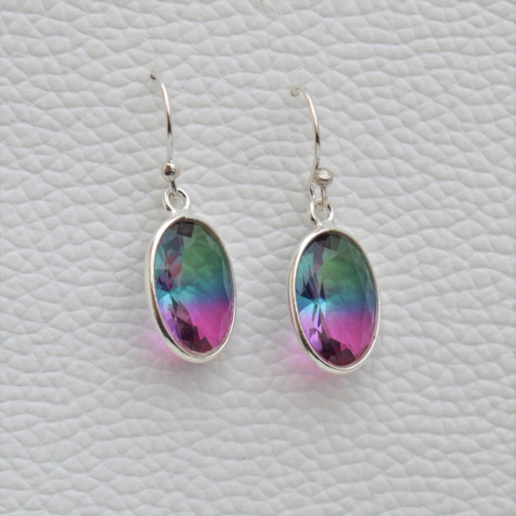 Oval Watermelon Tourmaline Quartz Earrings, 925 Sterling Silver Bezel Earring