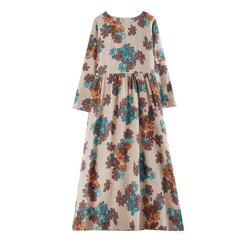 Весна Осень Цветочный Принт Круглый Вырез Ретро Свободное Длинное Платье Длинный Рукав Хлопок Льняное Платье Женская Одежда