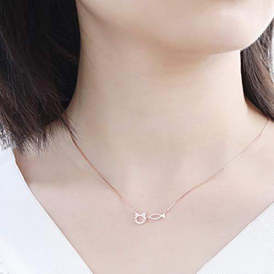 Cat Necklace for Women Gold Popular 925 Silver Zirconia Fish Cat Pendant Finish Sterling Silver Necklace Popular Christmas Gift [Rockyu]