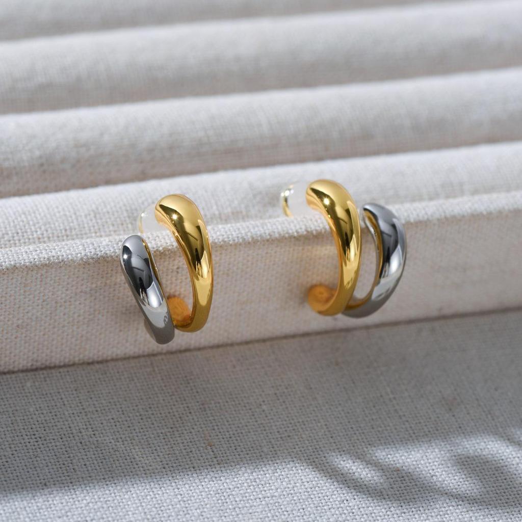European Fashion Copper-Plated 18k Gold C-shaped Double Layer Earrings with S925 Silver Needle