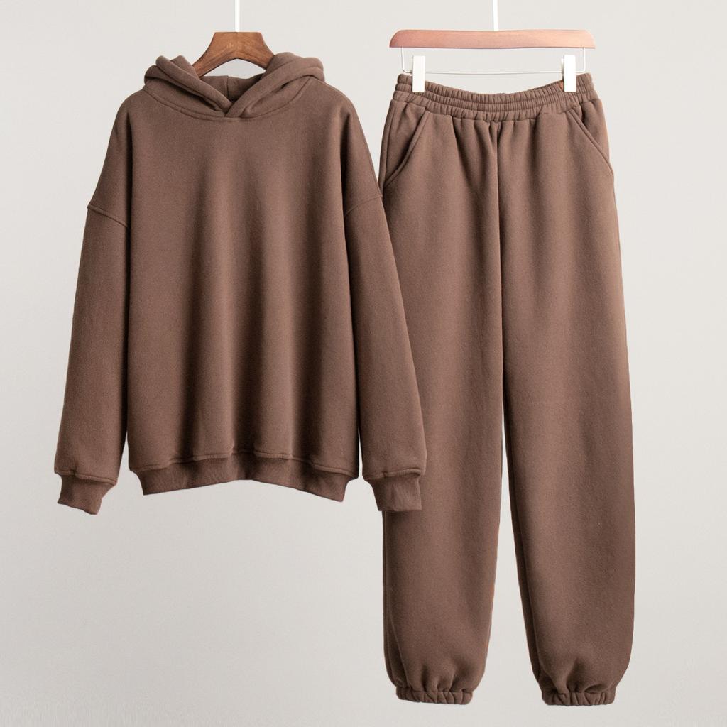 Wolfeel Solid Color Hoodies Pants 2-Pieces Sets Winter Thicken Fleece Women's Sweatshirt Oversized Fashion Warm Pullovers Sets
