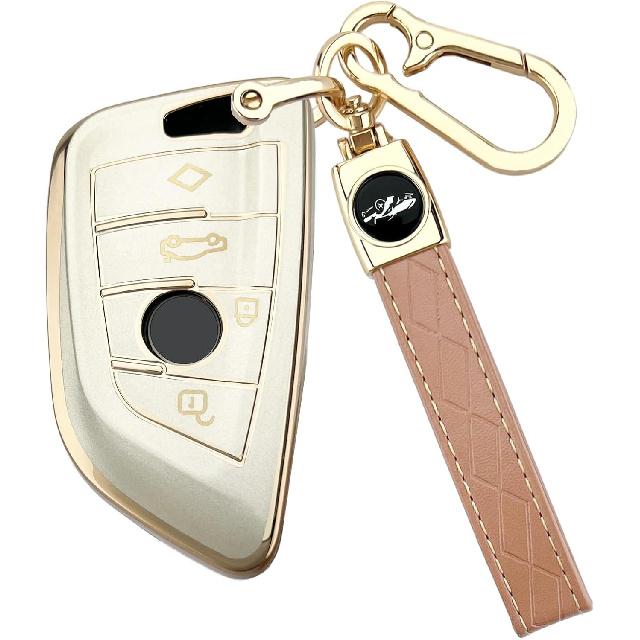 Soft TPU for BMW Key Fob Cover with Leather Keychain for X1 X3 X4 X5 X6 X7 M5 M6 1 2 3 4 5 6 7 Series GT3 GT5 GT6 Key Case Accessories, Gold