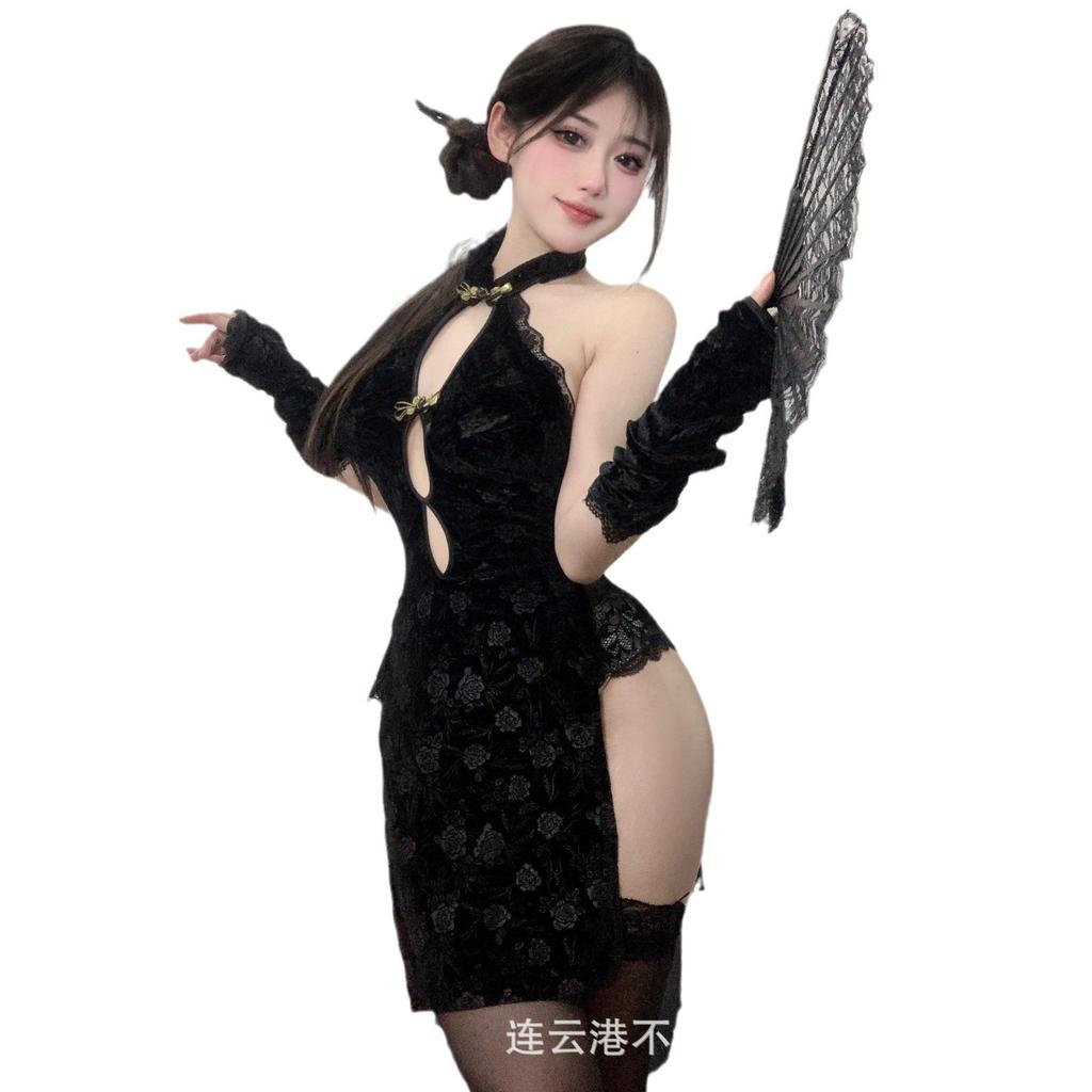 Sex Underwear Sexy Classical High Split Lace Cheongsam Deep V Uniform Breast Set Pajamas Women