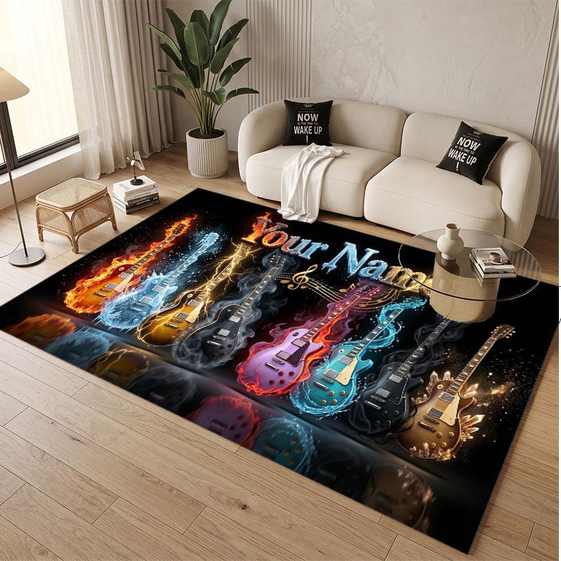 Music Guitar Theme Soft Crystal Velvet Rug Custom Name & Text Print Non Slip Floor Rug for Bedroom Living Room