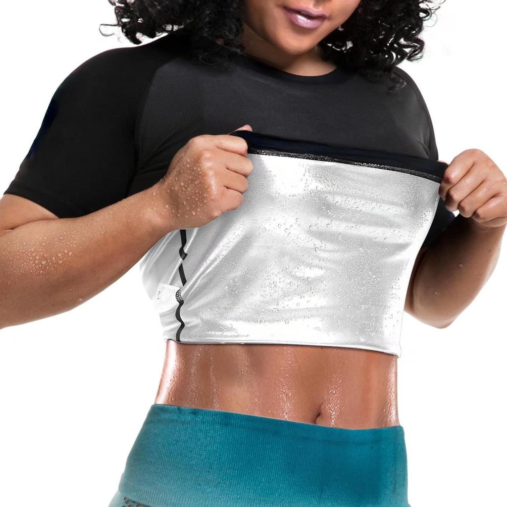 Women Short Sleeve Sauna Suit Sweat Shirts Body Shaper Hot Polymer Slimming Shapewear Fitness Workout Tank Tops Exercise Undershirt