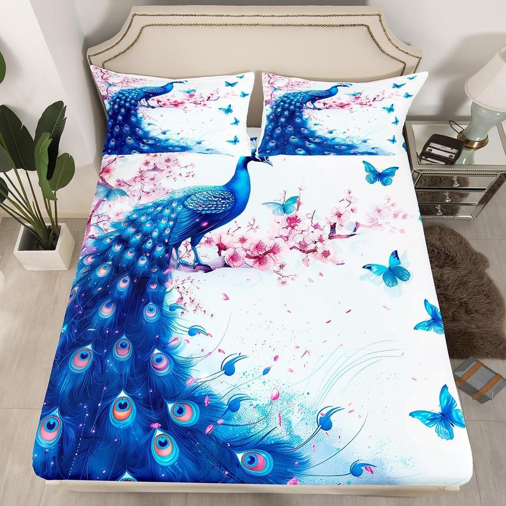 Beautiful Peacock Fitted Sheet Double Size,Watercolor Butterfly Bedding Set for Kids Girl Room Decor,Bed Cover with Pillowcases