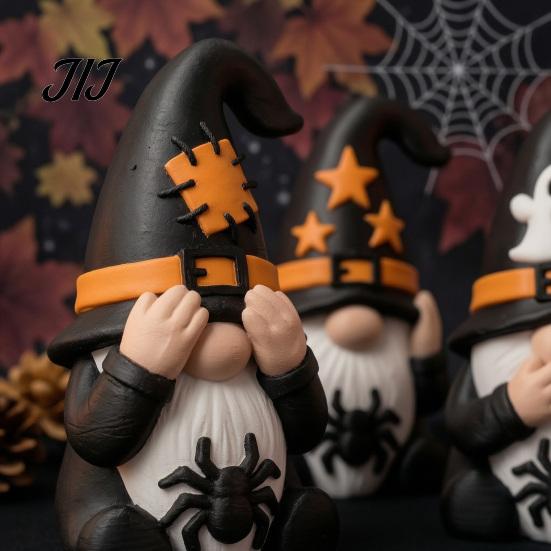 Whimsical Halloween Decor 3Pcs Three Gnomes Figurines, See No Hear Speak Evil Seasonal Home Accents Gnome Statues, Spooky Spider Ghost Dwarf Tabletop