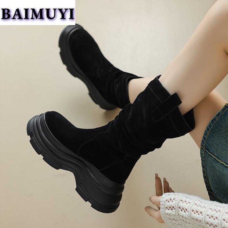Женские полусапожки на плоской подошве, брендовая обувь 2025 года, модные высокие сапоги из плиссированной замши, зимние повседневные ботинки для ходьбы, женские ботинки
