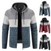 Men Hooded Sweater Coat Color Block Long Sleeve Drawstring Slim Fit Autumn Winter Plush Lining Knitted Cardigan Sweater Streetwear
