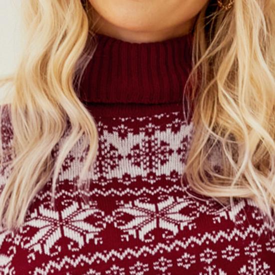 Женский рождественский свитер с высоким воротником и длинным рукавом, жаккардовый принт со снежинками, вязаные топы, свободный трикотаж