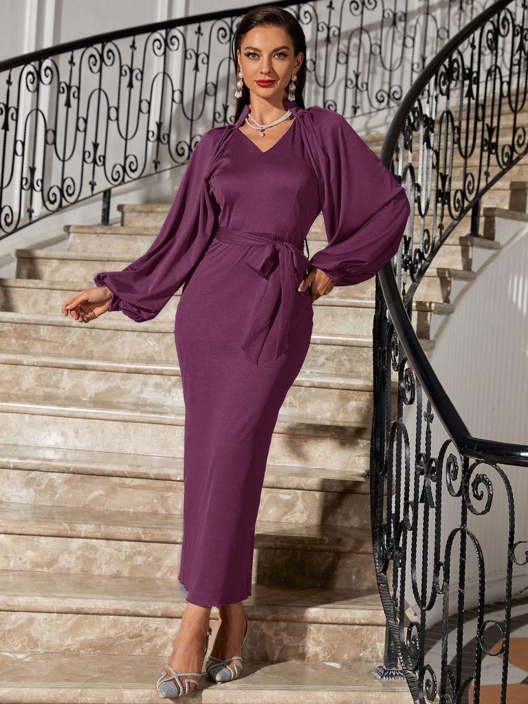 Элегантное облегающее платье с V-образным вырезом и рукавами-фонариками 2025 - Женская трансграничная мода