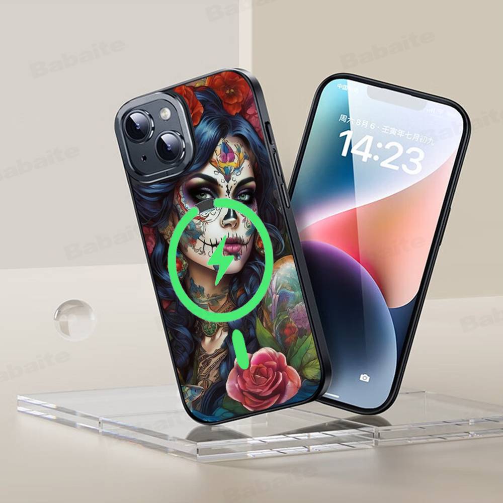 Чехол для телефона Catrina Красивая Девушка Роза Череп Магнитный Чехол Для iPhone 17 16 15 14 13 12 11 Для Magsafe Беспроводная Зарядка Чехол
