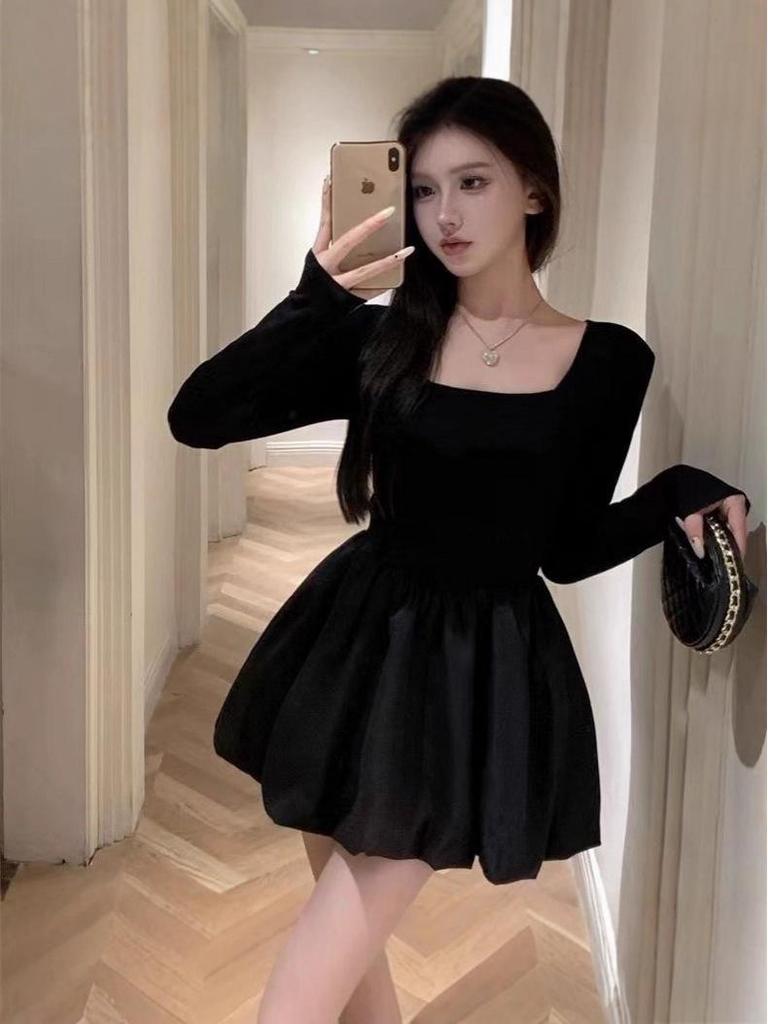 Petite French Chic Black Puffy Princess Dress - Women's Autumn Mini Tulip Skirt