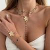 SHIXIN Trendy Colorful Crystal Long Y-Shaped Necklace Metal Flower Bracelet Collarbone Chain Summer Party Bohemian Jewelry Set
