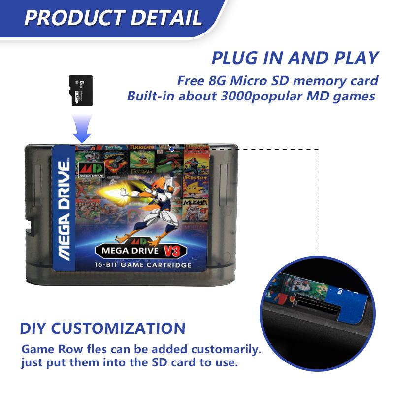 Игровая картридж MegaDrive Genesis 3000 в 1 MD V3 Pro 8GB TF Gard для SEGA Genesis Mega Drive США / Япония / ЕВРО MegaDrive Консоль