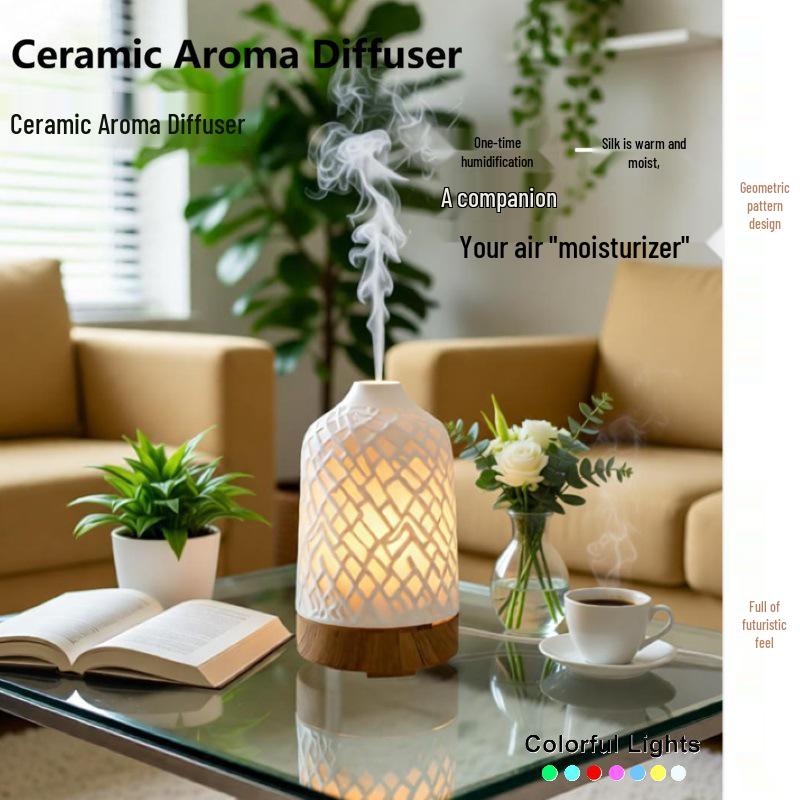 Geometric Ceramic Aroma Diffuser with Night Light - Silent Humidifier for Bedroom & Office Decor