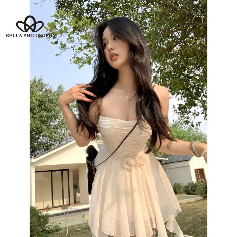 Summer Korean Style Design Sense Strapless Dress Women's Waist Flower Slimming A- Shaped Irregular Hem Short Dress