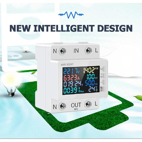 170-270V/63A 8 in1Power Meter Color Screen Multi-function AC Energy Power Voltmeter Voltage Amps Watt Kwh Meter Remotely Control